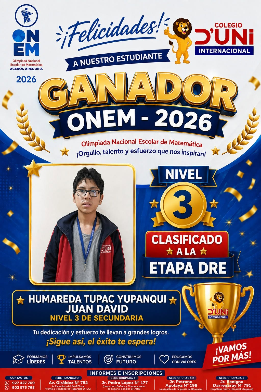 Estudiante D'UNI ganador de la Olimpiada Nacional Escolar de Matemática ONEM 2026, clasificado a la etapa DRE